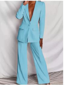 2pcs Casual Suit Lapel Button-down Blazer Jacket And Straight-leg Pants Office Commuting Business Trousers Set Clothing (Option: Light Blue-M)