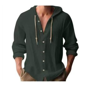 Cotton And Linen Shirt Hooded Sweater Button Long Sleeve (Option: Dark Green-M)