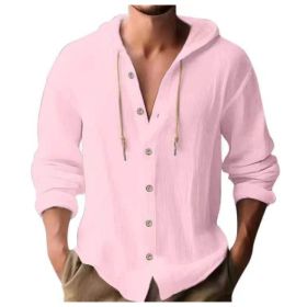Cotton And Linen Shirt Hooded Sweater Button Long Sleeve (Option: Pink-M)