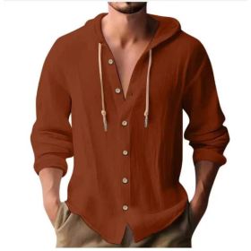 Cotton And Linen Shirt Hooded Sweater Button Long Sleeve (Option: Brick red-M)