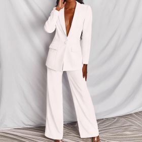 2pcs Casual Suit Lapel Button-down Blazer Jacket And Straight-leg Pants Office Commuting Business Trousers Set Clothing (Option: White-M)