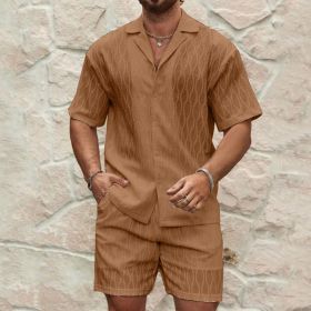 Men Tracksuits Summer Fashion Solid Loose Casual Two Pieces Lapel Button Shirt Shorts Beach Holiday All-match Outfits Male (Option: Dark brown-XL)