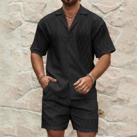 Men Tracksuits Summer Fashion Solid Loose Casual Two Pieces Lapel Button Shirt Shorts Beach Holiday All-match Outfits Male (Option: Black-M)