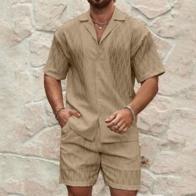 Men Tracksuits Summer Fashion Solid Loose Casual Two Pieces Lapel Button Shirt Shorts Beach Holiday All-match Outfits Male (Option: Khaki-M)