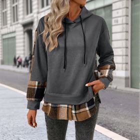European And American Long Sleeve Plaid Colorblock Hooded Velvet Padded Sweater (Option: Dark grey-M)