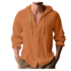 Cotton And Linen Shirt Hooded Sweater Button Long Sleeve (Option: Orange-S)