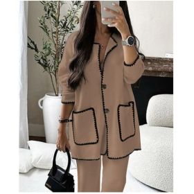 Women's Suit Fashion Casual Loose Solid Color Two-piece Set (Option: Camel-L)