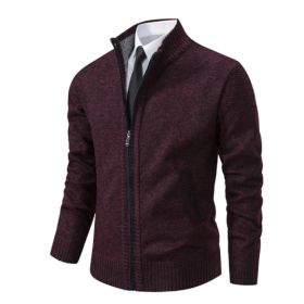 Men's Solid Color Stand Collar Cardigan Sweaters Coat (Option: Wine Red-XXL)