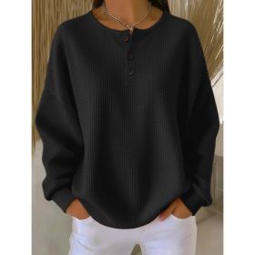 Ins Waffle Long-sleeved T-shirt Fashion Solid Color Buttons Round Neck Pullover Top Women's Clothing (Option: Black-S)