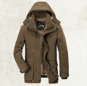 Thickened Multi-pocket Hooded Men's Cotton Coat (Option: Coffee-XL)
