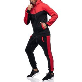 Men's Hooded Color Block Casual Cardigan Set (Option: Red-S)