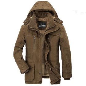 Thickened Multi-pocket Hooded Men's Cotton Coat (Option: Coffee-S)