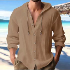 Cotton And Linen Shirt Hooded Sweater Button Long Sleeve (Option: Dark brown-XXL)