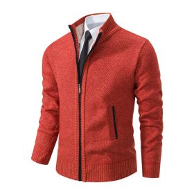 Men's Solid Color Stand Collar Cardigan Sweaters Coat (Option: Orange red-XXL)