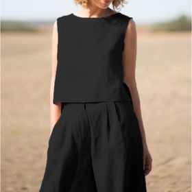 Women's Solid Color Retro Cotton And Linen Long Sleeve Loose Cotton Suit (Option: Black-S)