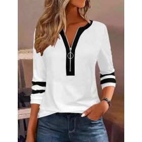 Women's V-collar Contrast Color Striped Loose Zip Long-sleeved T-shirt (Option: White-XXL)