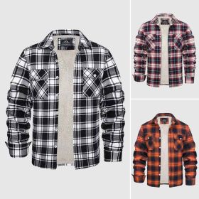 Fleece Lined Men's Jacket Long Sleeve Lapel Plaid (Option: Black Orange Wine Red-L)
