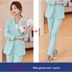 2pcs Casual Suit Lapel Button-down Blazer Jacket And Straight-leg Pants Office Commuting Business Trousers Set Clothing (Option: Light Green 2PCS-XXL)