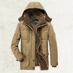 Thickened Multi-pocket Hooded Men's Cotton Coat (Option: Khaki-S)