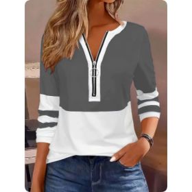 Women's V-collar Contrast Color Striped Loose Zip Long-sleeved T-shirt (Option: Grey-S)