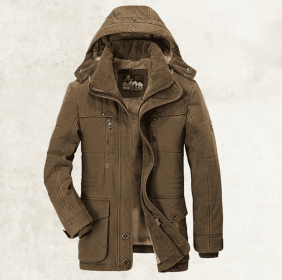 Thickened Multi-pocket Hooded Men's Cotton Coat (Option: Coffee-7XL)