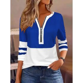 Women's V-collar Contrast Color Striped Loose Zip Long-sleeved T-shirt (Option: Blue-L)