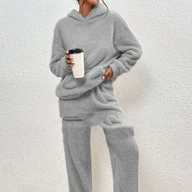 Fleece-lined Hooded Long Sleeve Dimensional Patch Pocket Casual Trousers Solid Color Suit (Option: Light Gray-S)