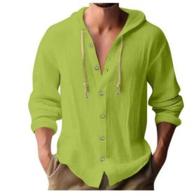 Cotton And Linen Shirt Hooded Sweater Button Long Sleeve (Option: Fruit Green-L)