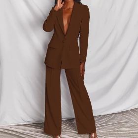 2pcs Casual Suit Lapel Button-down Blazer Jacket And Straight-leg Pants Office Commuting Business Trousers Set Clothing (Option: Brown-S)