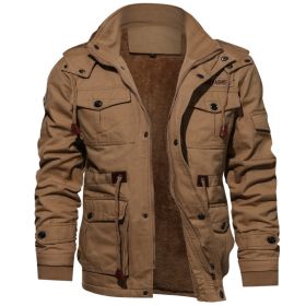 Winter Zip-up Coat Warm Thickened Detachable Hooded Jacket Multi-pocket  Button Drawstring Long Sleeve Tops Men's Cargo Clothing (Option: Khaki-L)