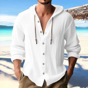 Cotton And Linen Shirt Hooded Sweater Button Long Sleeve (Option: White-S)