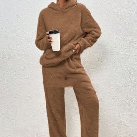 Fleece-lined Hooded Long Sleeve Dimensional Patch Pocket Casual Trousers Solid Color Suit (Option: Caramel-S)