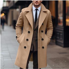 Fall Winter Men Woolen Coat Double Breasted Long (Option: Khaki-S)