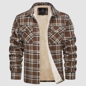 Fleece Lined Men's Jacket Long Sleeve Lapel Plaid (Option: Khaki Grid-S)