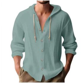 Cotton And Linen Shirt Hooded Sweater Button Long Sleeve (Option: Grey blue-L)