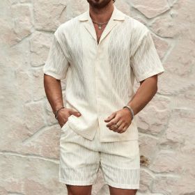 Men Tracksuits Summer Fashion Solid Loose Casual Two Pieces Lapel Button Shirt Shorts Beach Holiday All-match Outfits Male (Option: Beige-M)