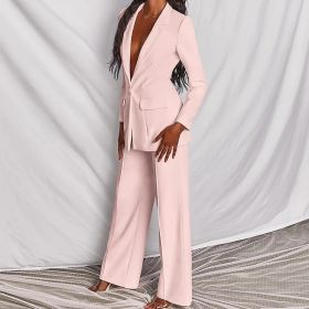 2pcs Casual Suit Lapel Button-down Blazer Jacket And Straight-leg Pants Office Commuting Business Trousers Set Clothing (Option: Pink-S)