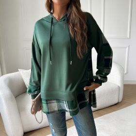 Women's Vintage Oversized Hoodie With Plaid Patchwork Stylish Y2k Clothing Streetwear Round Neck Hooded Long Sleeve Sweatshirts (Option: Green-S)