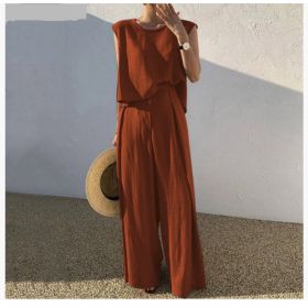 Cotton And Linen Casual Sleeveless Top Wide Leg Pants Two-piece Set (Option: Orange-L)