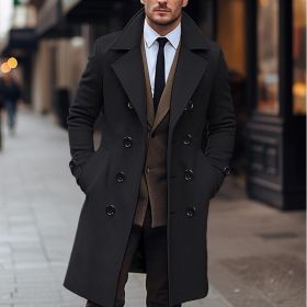 Fall Winter Men Woolen Coat Double Breasted Long (Option: Black-M)