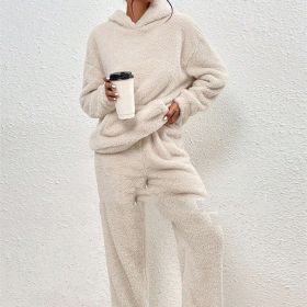 Fleece-lined Hooded Long Sleeve Dimensional Patch Pocket Casual Trousers Solid Color Suit (Option: Apricot-M)