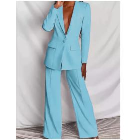 2pcs Casual Suit Lapel Button-down Blazer Jacket And Straight-leg Pants Office Commuting Business Trousers Set Clothing (Option: Light Blue-XXL)