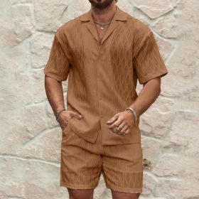 Men Tracksuits Summer Fashion Solid Loose Casual Two Pieces Lapel Button Shirt Shorts Beach Holiday All-match Outfits Male (Option: Dark brown-XXXL)