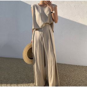Cotton And Linen Casual Sleeveless Top Wide Leg Pants Two-piece Set (Option: Khaki-M)