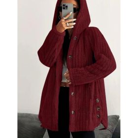 Hooded Loose Plush Coat Women's Regular Sleeve (Option: Wine Red-M)