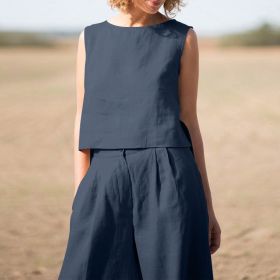 Women's Solid Color Retro Cotton And Linen Long Sleeve Loose Cotton Suit (Option: Dark Blue-M)