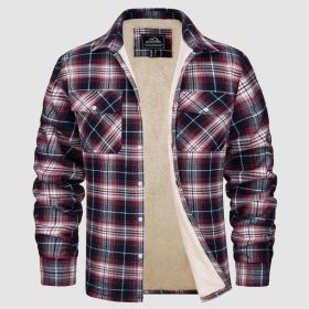 Fleece Lined Men's Jacket Long Sleeve Lapel Plaid (Option: Wine Red Grid-M)