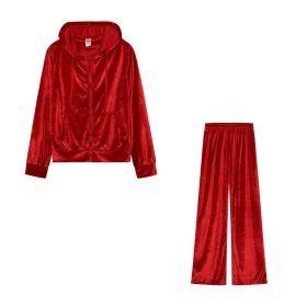 Fashion Rhinestone Velvet Sports And Leisure Suit Two-piece Set (Option: Red-M)