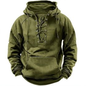 Ins Lace-up Hoodie Casual Sports Pocket Sweatshirt Men's Long-sleeved Top Clothing (Option: Army green-M)