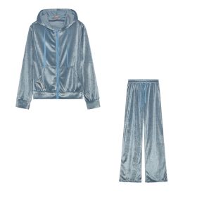 Fashion Rhinestone Velvet Sports And Leisure Suit Two-piece Set (Option: Light Blue-M)